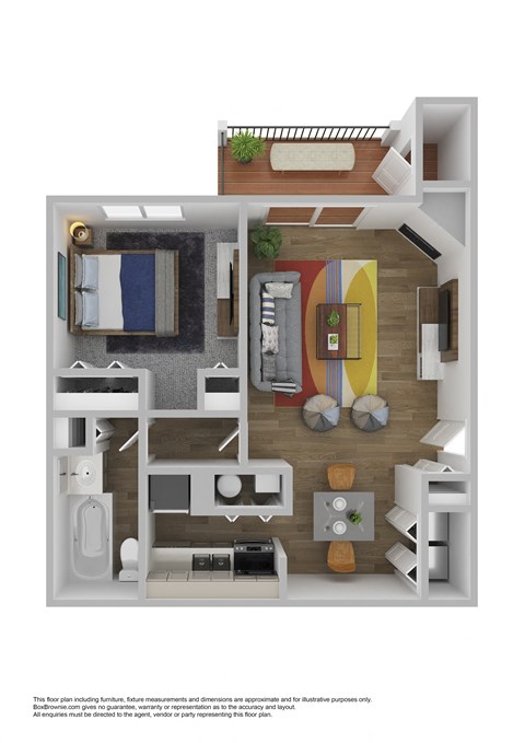 A 3D floor plan of a furnished apartment.