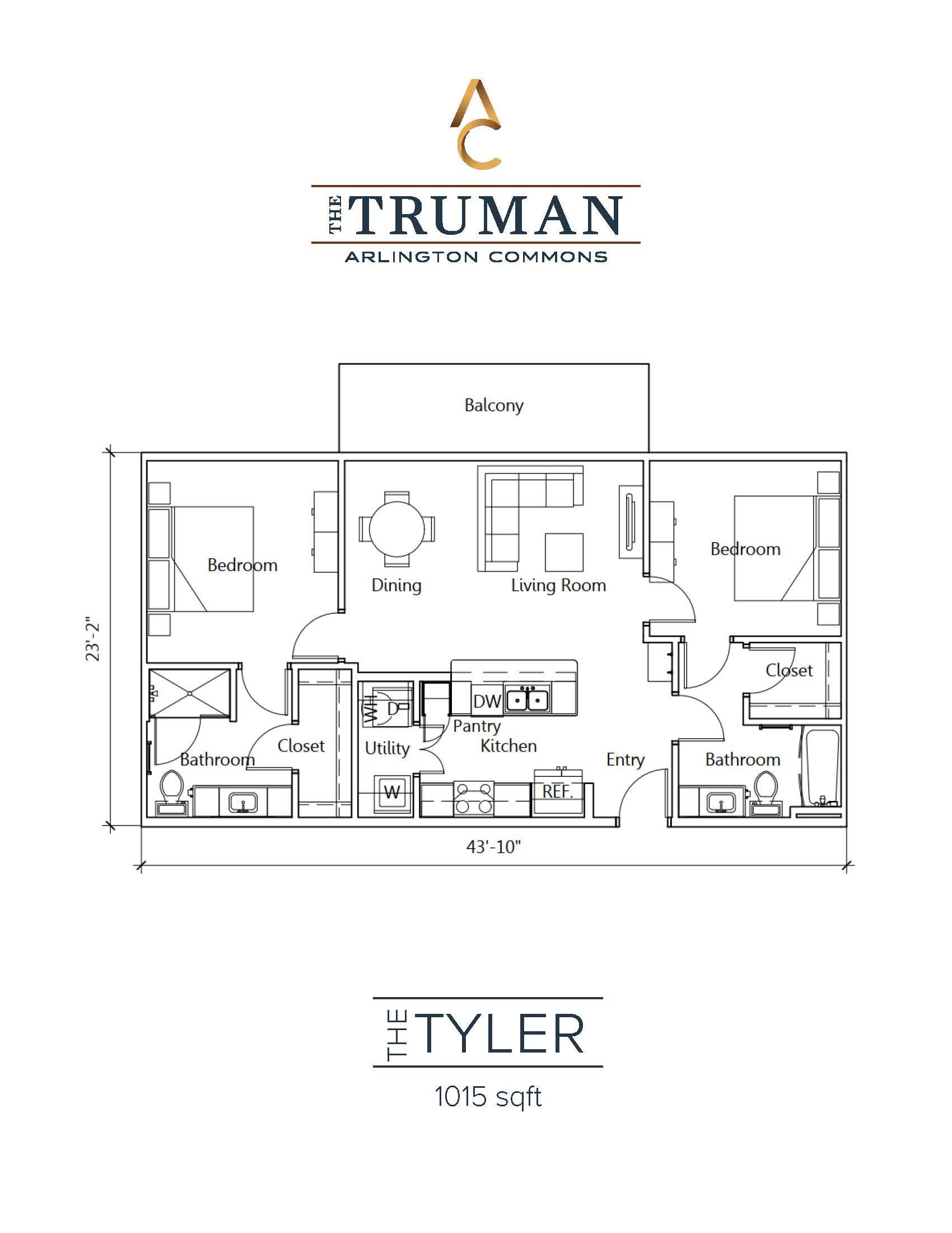 A floor plan for a home by The Tyler shows a balcony, two bedrooms, a living room, a dining area, a bathroom, a closet, a utility space, and an entry way.
