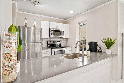 a kitchen with stainless steel appliances and a sink