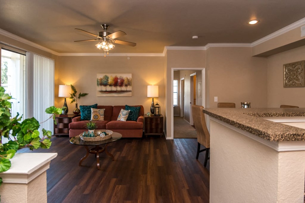 a living room with a couch and a counter