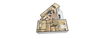 an illustration of a 3d floor plan with a bedroom and living room