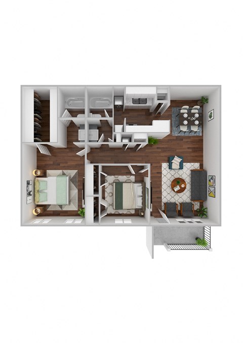 a stylized floor plan with a bedroom and a living room