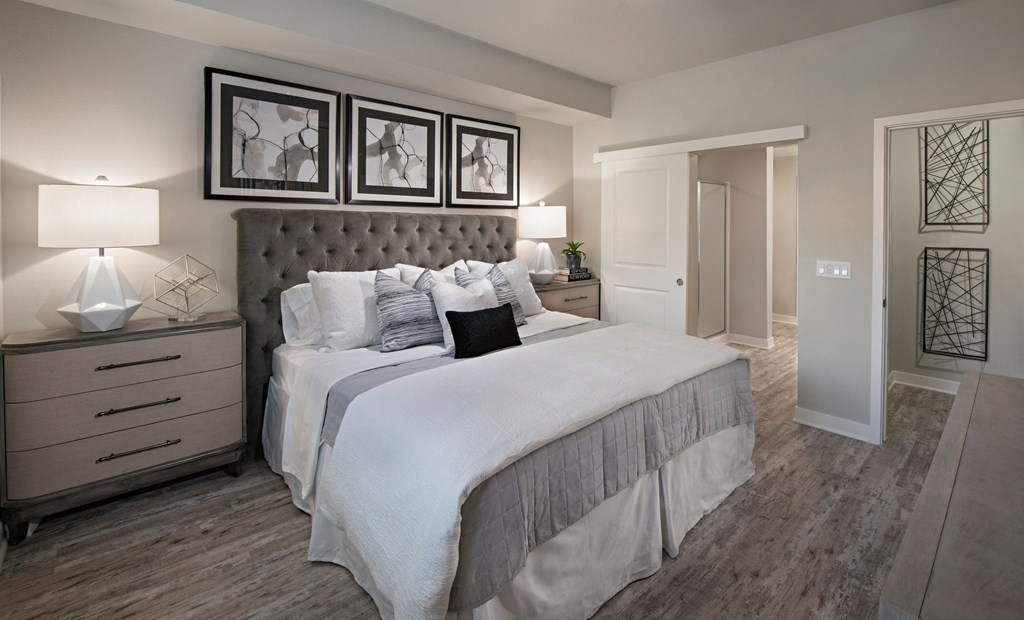 a bedroom with a large bed and a closet