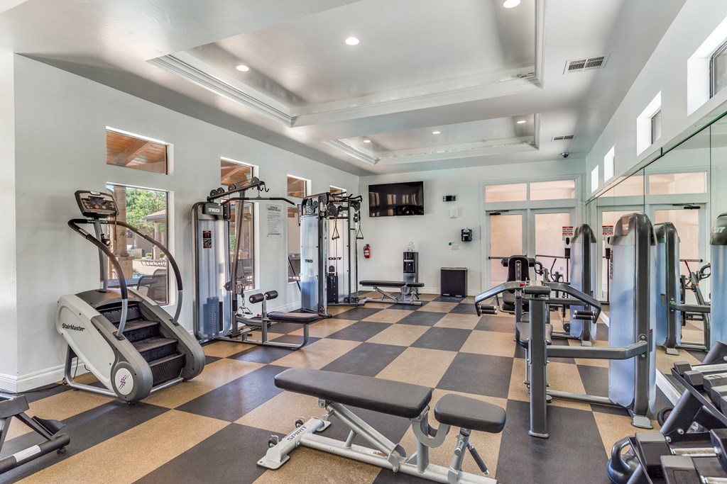 a gym with weights and cardio equipment and glass walls