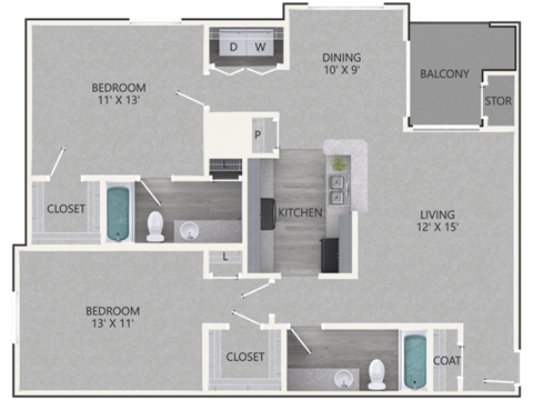 2 Bedroom/2 Bathroom Floor Plan