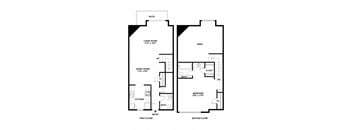 a floor plan of two bedrooms separated by a stairwell