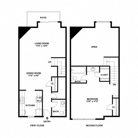 a floor plan of two bedrooms separated by a stairwell