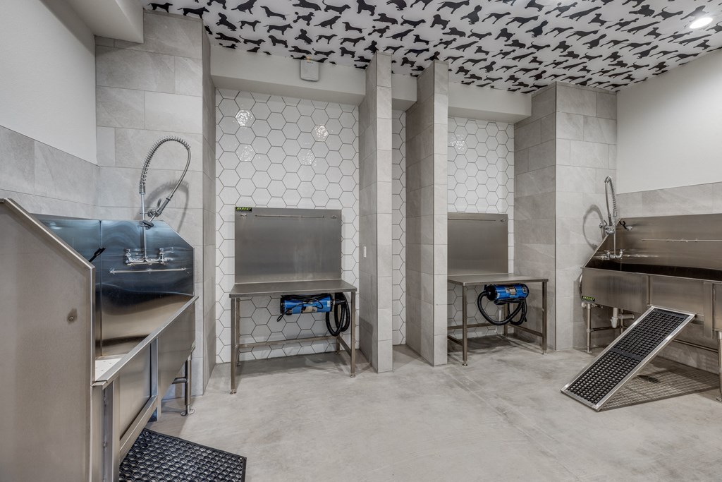 a commercial laundry room with two stainless steel machines and two sinks