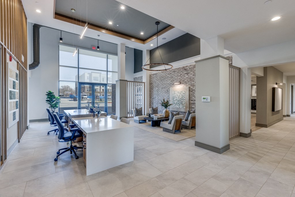 the lobby atrium at the bradley braddock road station apartments