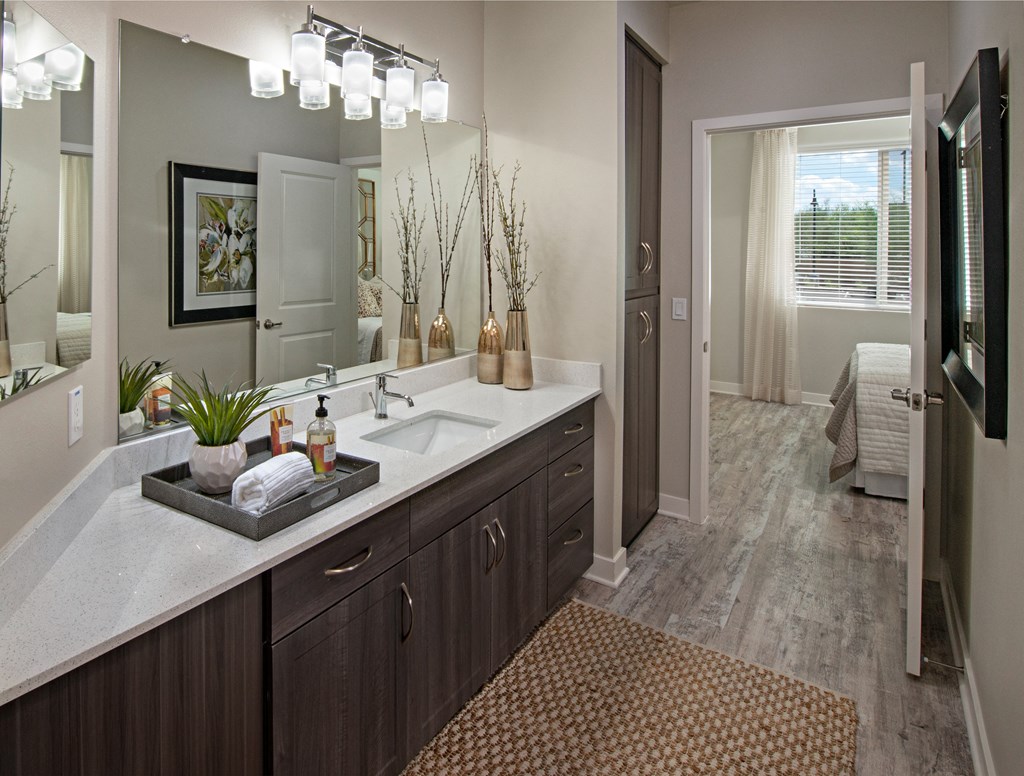 a bathroom with a large sink and a mirror