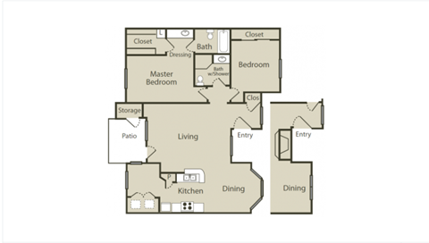 a floor plan of a two bedroom apartment with two bathrooms and a balcony