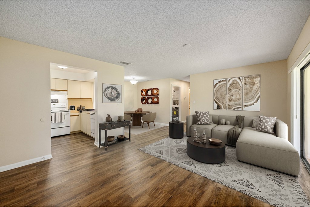 a living room with a couch and a table