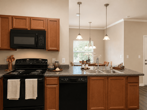 A kitchen with black appliances and wooden cabinets.