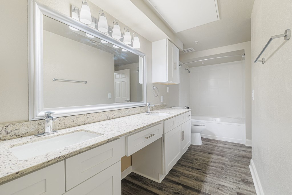 a bathroom with a large mirror and a sink and a toilet
