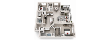 A 3D floor plan of a house with labeled rooms.