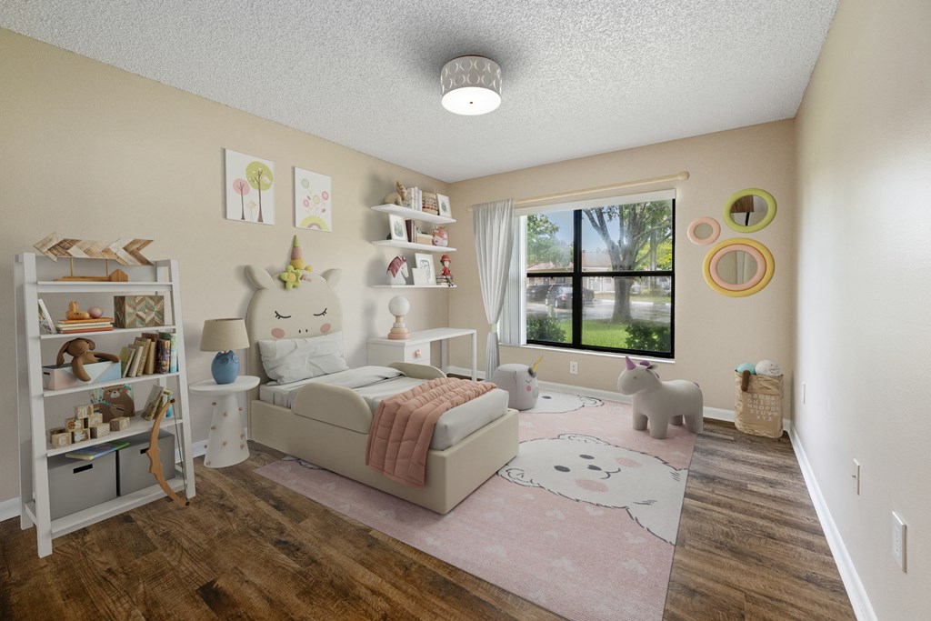 an image of a childrens bedroom with a bed and toys
