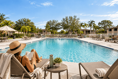 A woman in a straw hat is sitting by a pool.