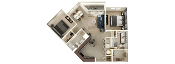 A top down view of a small apartment with a kitchen, living room, and bathroom.
