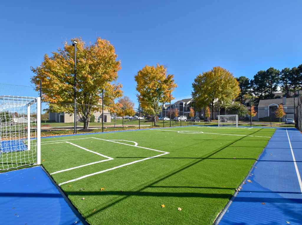 a soccer field with trees in the background