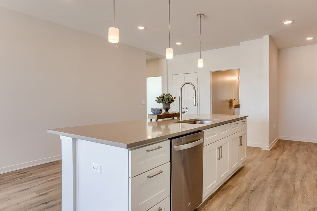 A modern kitchen with a stainless steel dishwasher and white cabinets.