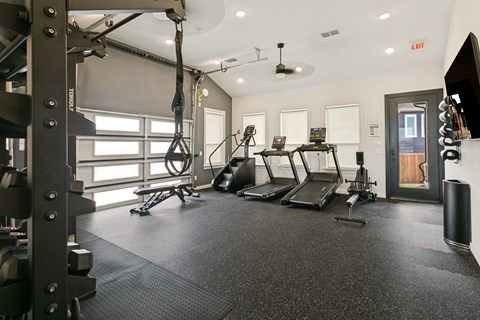 A gym with a variety of equipment including treadmills, weights, and a TRX suspension trainer.