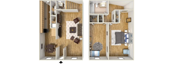 a bedroom with a bed and a chair in a room