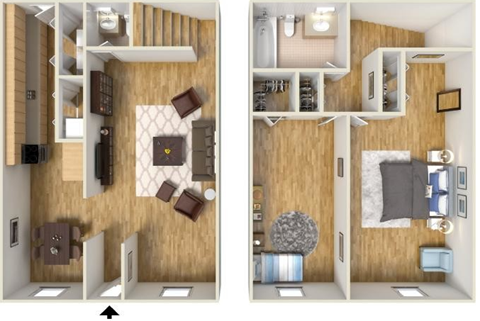 a bedroom with a bed and a chair in a room