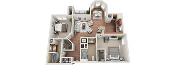 A 3D floor plan of a house with labeled rooms.