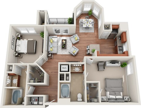 A 3D floor plan of a house with labeled rooms.