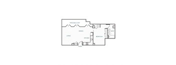A floor plan of a house with a living room, dining room, kitchen, bathroom, and bedroom.