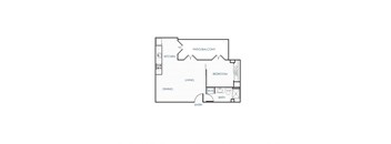 A floor plan of a house with a kitchen, living room, dining room, bedroom, and bathroom.