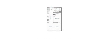 A floor plan of a small apartment with a kitchen, living room, dining area, and a single bedroom.