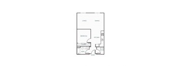 A floor plan of a small apartment with a living room, dining room, kitchen, bathroom, and entry.