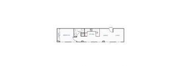 A floor plan of a small apartment with a bedroom, a kitchen, a dining area, and a living room.