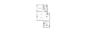 A floor plan of a house with a bedroom, living room, dining room, kitchen, and entry.