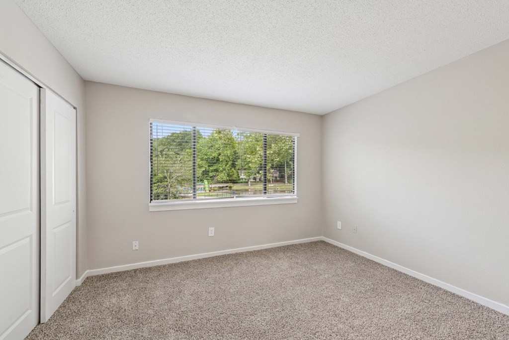 A room with a carpeted floor and a window showing a view of trees and a fence.