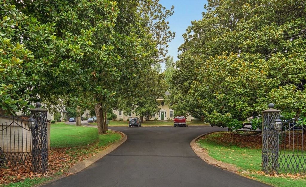 a street with trees and a fence and cars on it