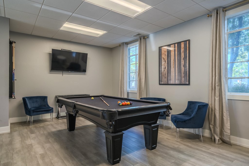 a games room with a pool table and a tv