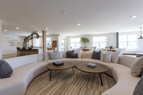A modern living room with a curved sofa and a coffee table.