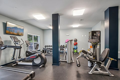 A gym with a variety of equipment including treadmills, weights, and exercise machines.