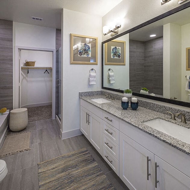 a bathroom with two sinks and a large mirror