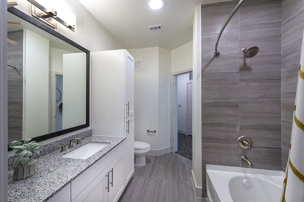 a bathroom with a shower and a sink and a mirror