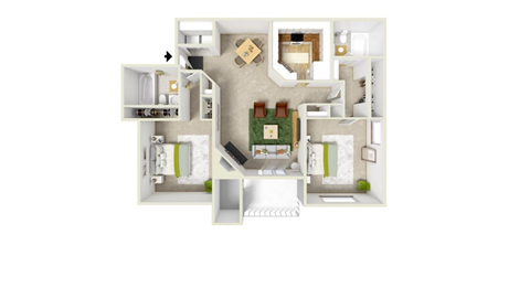 a furnished floor plan of a two bedroom apartment