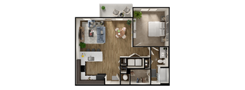 A top-down view of a living room, kitchen, and dining area.