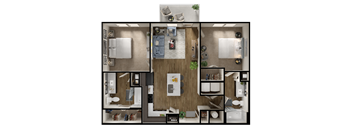 A top-down view of a small apartment layout with a kitchen, living room, and bedroom.