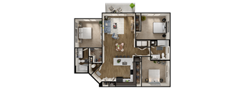 A top-down view of a house layout with a kitchen, living room, and bedrooms.
