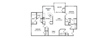 a floor plan of a two bedroom apartment with a kitchen and a living room with a dining
