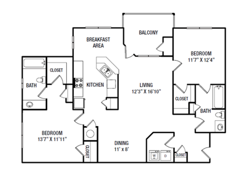 a floor plan of a two bedroom apartment with a kitchen and a living room with a dining