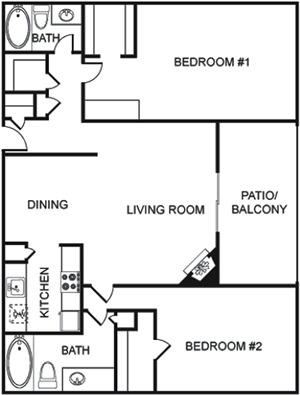 a drawing of a house with a kitchen and living room