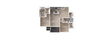 2-bedroom apartment entry next to utility closet, into kitchen with island, dual vanity bathroom, and living room, which leads to balcony with storage closet. Bedroom 1 with walk-in closet. Bedroom 2 with private dual vanity bath and walk-in closet.